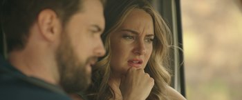 Movie still from “Robots” (2023), directed by Casper Christensen – A man and a woman looking at one another; Close Up shot, Over the shoulder angle