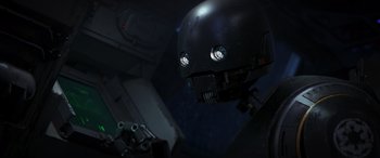 Movie still from “Rogue One: A Star Wars Story” (2016), directed by Gareth Edwards – The head of a star wars character; Close Up shot, Low angle