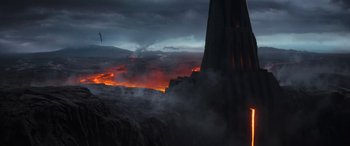 Movie still from “Rogue One: A Star Wars Story” (2016), directed by Gareth Edwards – A view of a lava flow from a volcano; Extreme Wide shot, High angle