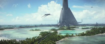 Movie still from “Rogue One: A Star Wars Story” (2016), directed by Gareth Edwards – An image of a star wars movie scene; Extreme Wide shot, High angle