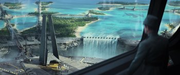 Movie still from “Rogue One: A Star Wars Story” (2016), directed by Gareth Edwards – An aerial view of a waterfall and a body of water; Extreme Wide shot, High angle