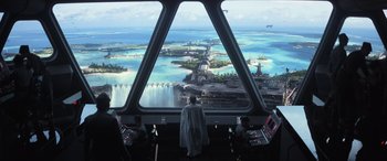 Movie still from “Rogue One: A Star Wars Story” (2016), directed by Gareth Edwards – A view of a city from a window of an airplane; Extreme Wide shot, High angle