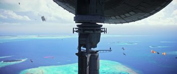 Movie still from “Rogue One: A Star Wars Story” (2016), directed by Gareth Edwards – An aerial view of the ocean from a helicopter; Extreme Wide shot, Low angle