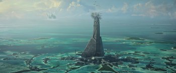 Movie still from “Rogue One: A Star Wars Story” (2016), directed by Gareth Edwards – An image of a tower in the middle of the ocean; Extreme Wide shot, Low angle