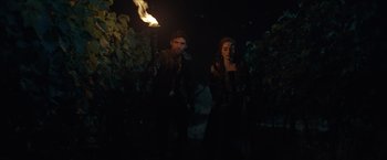 Movie still from “Rosaline” (2022), directed by Karen Maine – A man and a woman are holding a torch in the dark; Medium shot, Over the shoulder angle