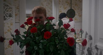 Movie still from “Rosemary's Baby” (1968), directed by Roman Polanski – A man holding a large bouquet of red roses; Close Up shot, Over the shoulder angle