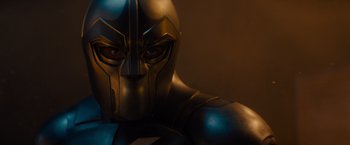 Movie still from “Samaritan” (2022), directed by Julius Avery – The face of a person wearing a helmet; Close Up shot, Low angle