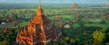 Movie still from “Samsara” (2011), directed by Ron Fricke – An aerial view of the temples of bagan in myanmar; Extreme Wide shot, High angle