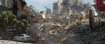 Movie still from “San Andreas” (2015), directed by Brad Peyton – A large pile of rubble in the middle of a city; Extreme Wide shot, High angle