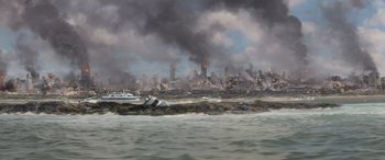 Movie still from “San Andreas” (2015), directed by Brad Peyton – An image of an ocean with a city in the background; Extreme Wide shot, High angle