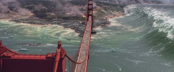 Movie still from “San Andreas” (2015), directed by Brad Peyton – An aerial view of the golden gate bridge in san francisco; Extreme Wide shot, High angle