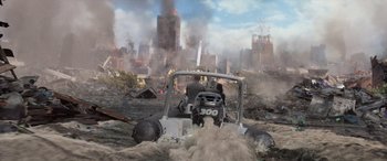 Movie still from “San Andreas” (2015), directed by Brad Peyton – An image of an action movie scene in the water; Extreme Wide shot, High angle