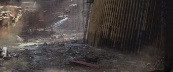 Movie still from “San Andreas” (2015), directed by Brad Peyton – Debris is scattered about in the middle of the city; Extreme Wide shot, Overhead angle