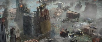 Movie still from “San Andreas” (2015), directed by Brad Peyton – An aerial view of a flooded city with a lot of debris; Extreme Wide shot, High angle