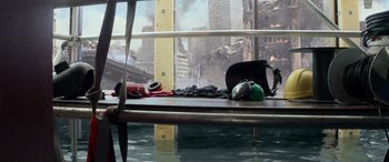 Movie still from “San Andreas” (2015), directed by Brad Peyton – A view of a city from a boat on the water; Wide shot, High angle