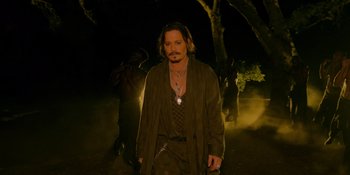 Movie still from “Savage x Fenty Show Vol. 4” (2022), directed by Alex Rudzinski – Johnny depp in a scene from the movie pirates of the carribbean : dead men tell no tales; Medium shot, Over the shoulder angle