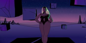 Movie still from “Savage x Fenty Show Vol. 4” (2022), directed by Alex Rudzinski – An illustration of a woman standing in front of a purple sky; Extreme Wide shot, Low angle
