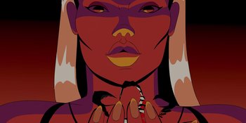 Movie still from “Savage x Fenty Show Vol. 4” (2022), directed by Alex Rudzinski – An illustration of a woman with her hands clasped in front of her chest; Extreme Close Up shot, Overhead angle