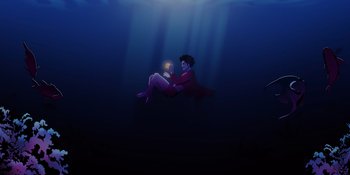 Movie still from “Savage x Fenty Show Vol. 4” (2022), directed by Alex Rudzinski – A woman sitting on the ground in the water; Extreme Wide shot, Low angle