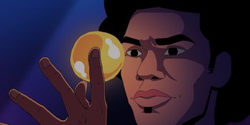 Movie still from “Savage x Fenty Show Vol. 4” (2022), directed by Alex Rudzinski – An animated picture of a man holding a ball; Extreme Close Up shot, Low angle