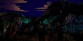 Movie still from “Savage x Fenty Show Vol. 4” (2022), directed by Alex Rudzinski – A group of people standing in the middle of the desert; Wide shot, Low angle