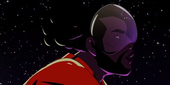 Movie still from “Savage x Fenty Show Vol. 4” (2022), directed by Alex Rudzinski – An animation of a man in a space suit; Close Up shot, Low angle