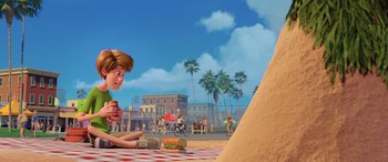 Movie still from “Scoob!” (2020), directed by Tony Cervone – A scene from the animated movie cloudy with a chance of meatballs; Extreme Wide shot, High angle
