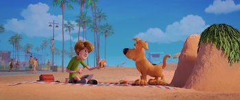 Movie still from “Scoob!” (2020), directed by Tony Cervone – A dog and a boy on the beach playing with a ball; Wide shot, High angle