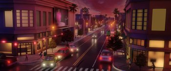 Movie still from “Scoob!” (2020), directed by Tony Cervone – A city street filled with lots of traffic at night; Extreme Wide shot, High angle
