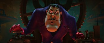 Movie still from “Scoob!” (2020), directed by Tony Cervone – A cartoon character's face; Medium shot, Low angle