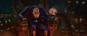 Movie still from “Scoob!” (2020), directed by Tony Cervone – A man and a baby sitting on top of a chair; Medium shot, Low angle