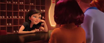 Movie still from “Scoob!” (2020), directed by Tony Cervone – A girl looking at herself in the mirror; Medium shot, Over the shoulder angle