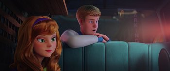 Movie still from “Scoob!” (2020), directed by Tony Cervone – A boy and a girl sitting on a bench; Close Up shot, Over the shoulder angle