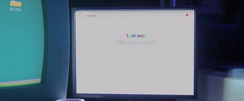 Movie still from “Scoob!” (2020), directed by Tony Cervone – A computer screen with a computer screen with the word lookyup on it; Extreme Close Up shot, Low angle