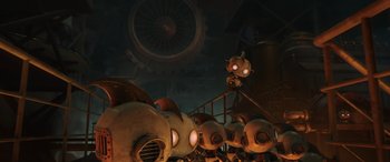 Movie still from “Scoob!” (2020), directed by Tony Cervone – A group of people standing next to each other in a room; Extreme Wide shot, Low angle