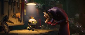 Movie still from “Scoob!” (2020), directed by Tony Cervone – An animated scene of a man and a small child; Medium shot, Low angle