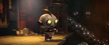 Movie still from “Scoob!” (2020), directed by Tony Cervone – An image of an animated robot with glowing eyes; Wide shot, High angle