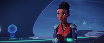 Movie still from “Scoob!” (2020), directed by Tony Cervone – An animated woman is standing in front of a space background; Medium shot, Over the shoulder angle