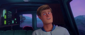 Movie still from “Scoob!” (2020), directed by Tony Cervone – A man sitting in a car looking up at the sky; Close Up shot, Over the shoulder angle