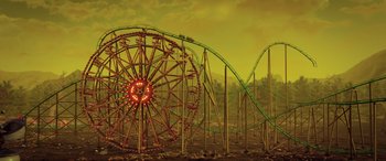 Movie still from “Scoob!” (2020), directed by Tony Cervone – A ferris wheel and roller coaster in an abandoned amusement park; Extreme Wide shot, High angle
