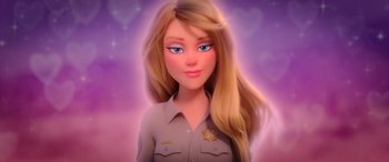 Movie still from “Scoob!” (2020), directed by Tony Cervone – A woman with blonde hair wearing a police uniform; Close Up shot, Low angle