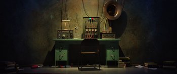 Movie still from “Scoob!” (2020), directed by Tony Cervone – An old fashioned desk with a chair in front of it; Extreme Wide shot, High angle