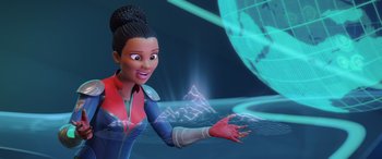 Movie still from “Scoob!” (2020), directed by Tony Cervone – An animated woman is holding her hands out; Medium shot, Over the shoulder angle