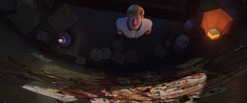 Movie still from “Scoob!” (2020), directed by Tony Cervone – A man is looking up at the ceiling in a room; Wide shot, High angle
