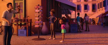 Movie still from “Scoob!” (2020), directed by Tony Cervone – Two animated women standing in front of a display of books; Wide shot, Over the shoulder angle