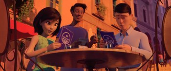 Movie still from “Scoob!” (2020), directed by Tony Cervone – A group of people sitting at a table with papers; Medium shot, Over the shoulder angle