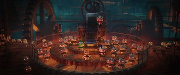 Movie still from “Scoob!” (2020), directed by Tony Cervone – A group of people standing around a large chair; Extreme Wide shot, High angle