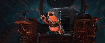 Movie still from “Scoob!” (2020), directed by Tony Cervone – An image of an animated robot in a chair; Wide shot, High angle