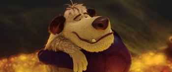 Movie still from “Scoob!” (2020), directed by Tony Cervone – A cartoon dog with brown fur and brown eyes; Close Up shot, Low angle