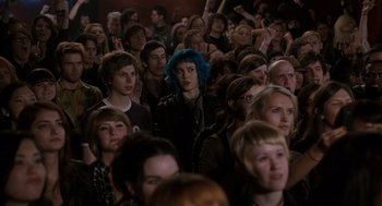 Movie still from “Scott Pilgrim vs. the World” (2010), directed by Edgar Wright – A group of people sitting in a room; Medium shot, Over the shoulder angle